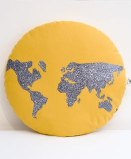Coussin World (jaune moutarde et mappemonde gris anthracite)