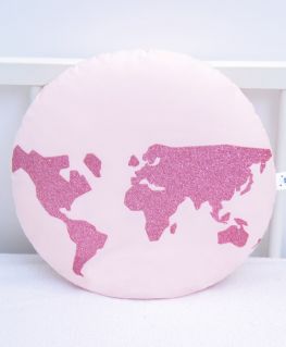 Coussin World (rose pastel et mappemonde rose pailletée)